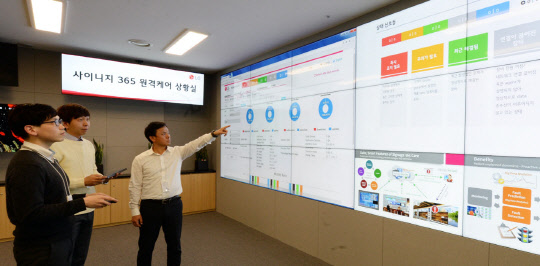 서울 가산동에 위치한 상황실에서 LG전자 직원들이 전 세계에서 운영 중인 디지털 사이니지를 원격으로 관리하고 있다.  LG전자 제공